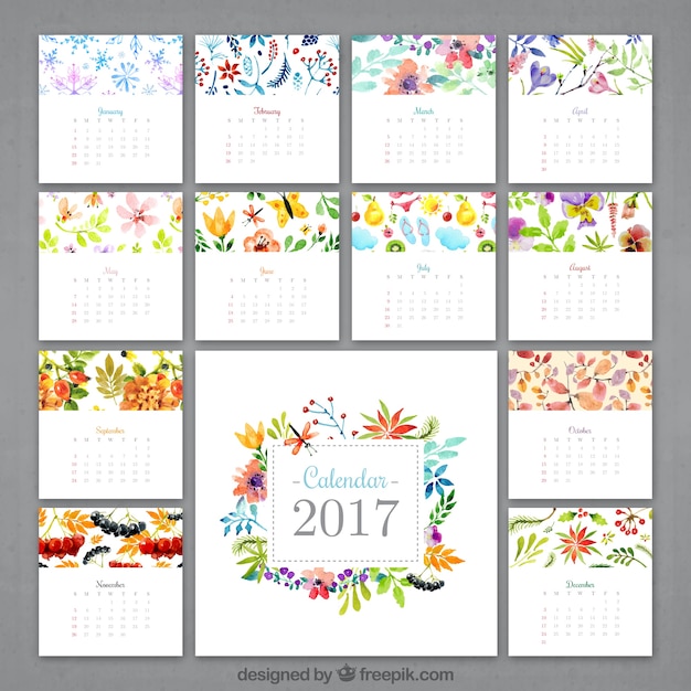 Gratis vector aquarel bloemrijke kalender 2017