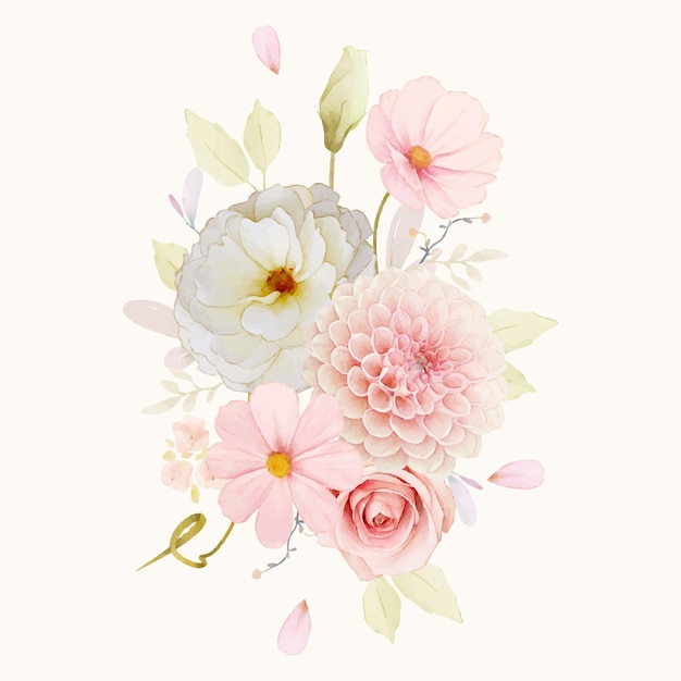 Aquarel boeket rozen en roze dahlia