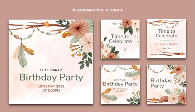 Aquarel boho verjaardag instagram posts