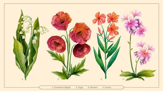 Aquarel botanische bloemenkaart set