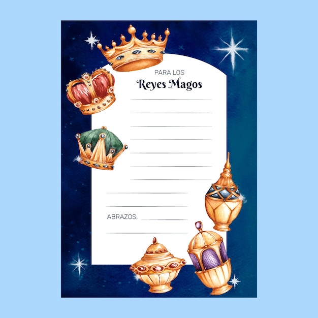 Gratis vector aquarel briefsjabloon voor reyes magos