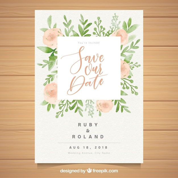 Gratis vector aquarel bruiloft kaartsjabloon met florale stijl