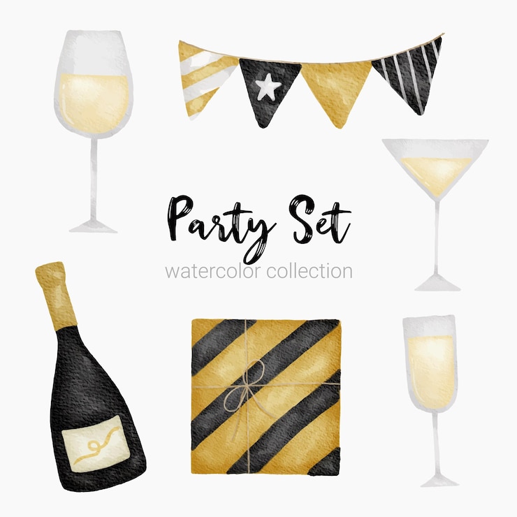 Gratis Vector aquarel cartoon element feestset voor stickers en kaartontwerpbundel
