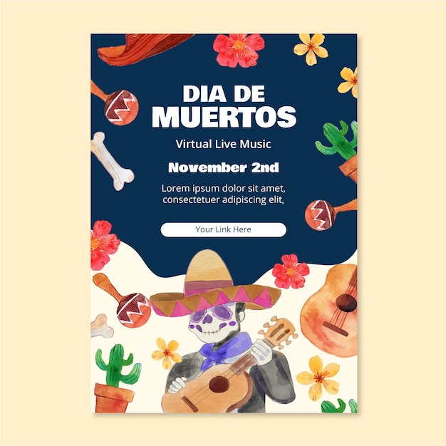 Gratis vector aquarel dia de muertos verticale postersjabloon