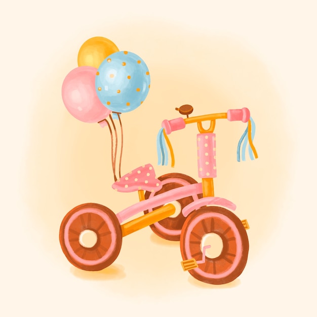 Gratis vector aquarel driewieler illustratie met ballonnen