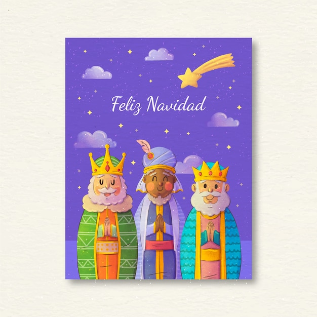 Gratis vector aquarel feliz navidad reyes magos wenskaartsjabloon