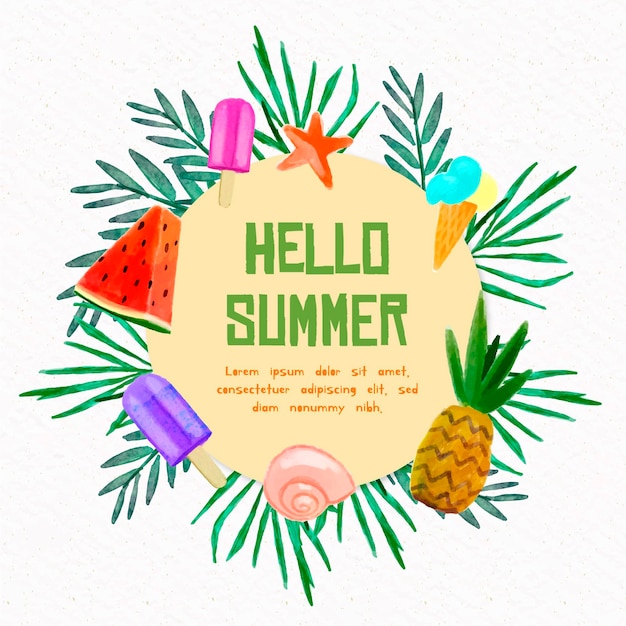 Gratis vector aquarel hallo zomer met fruit en ijs