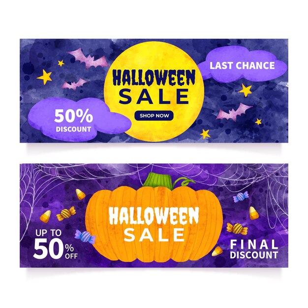 Gratis vector aquarel halloween horizontale verkoop banners set