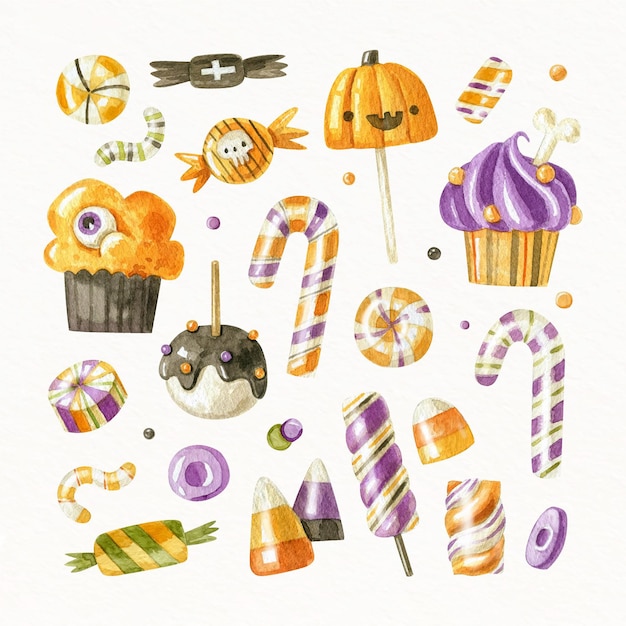 Gratis vector aquarel halloween snoep collectie