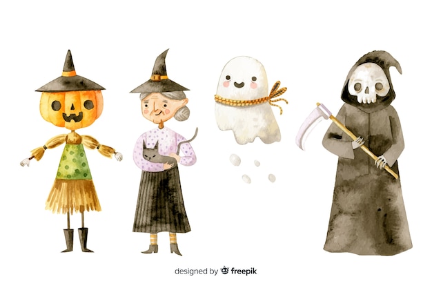 Gratis vector aquarel halloween tekensverzameling