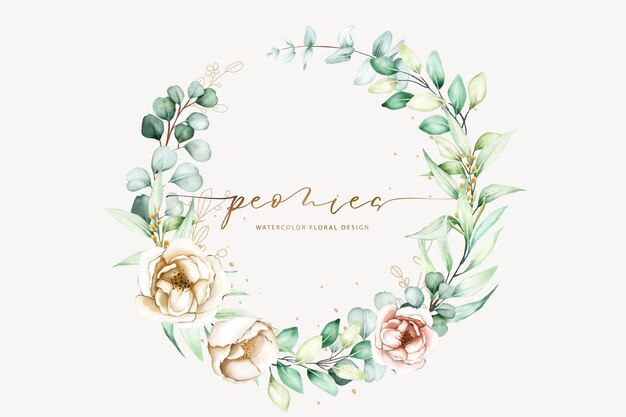 Aquarel handgeschilderde krans van pioenroos