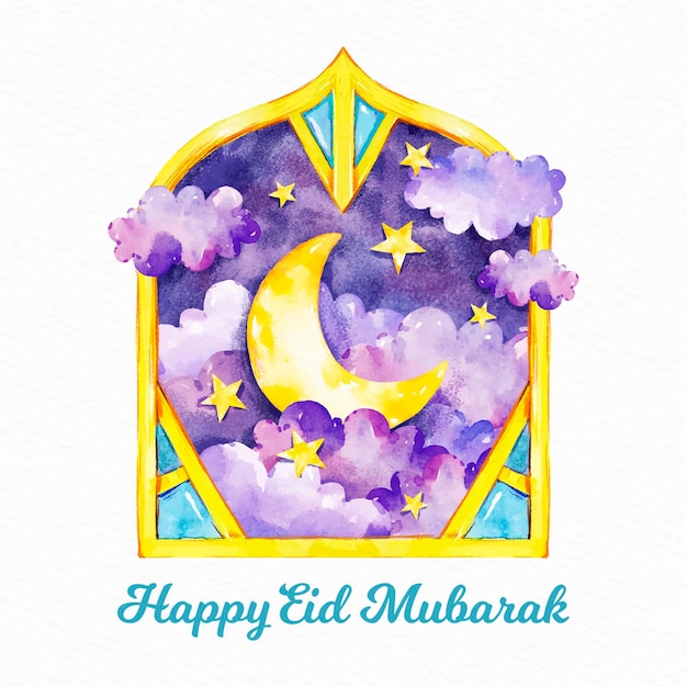Gratis vector aquarel happy eid mubarak en gouden maan
