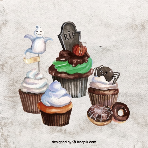 Gratis vector aquarel heerlijke halloween cupcakes