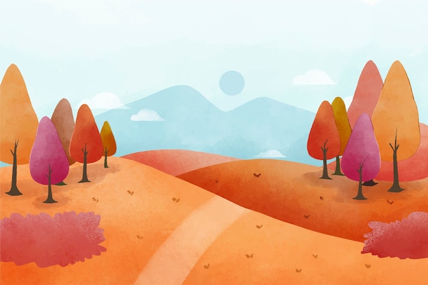 Gratis vector aquarel herfstlandschap met heuvels