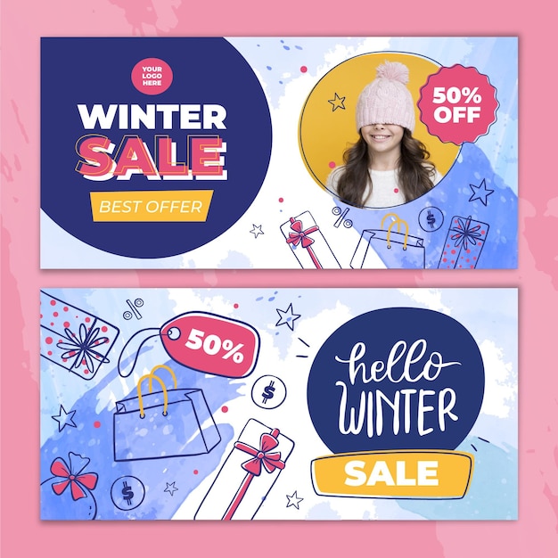 Gratis vector aquarel horizontale winterverkoop banners set