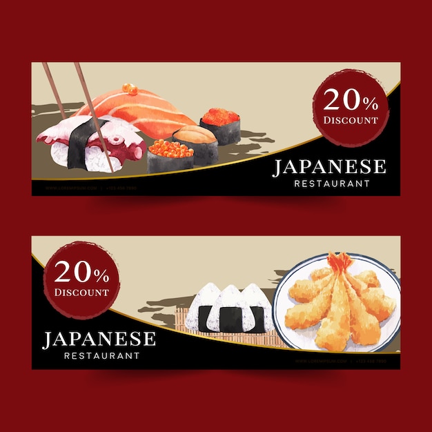 Gratis vector aquarel illustratie met creatieve sushi-thema voor banners, reclame en folder.