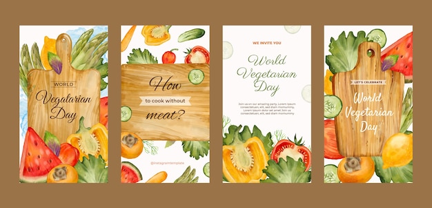 Gratis vector aquarel instagram verhalencollectie voor wereld vegetarische dag