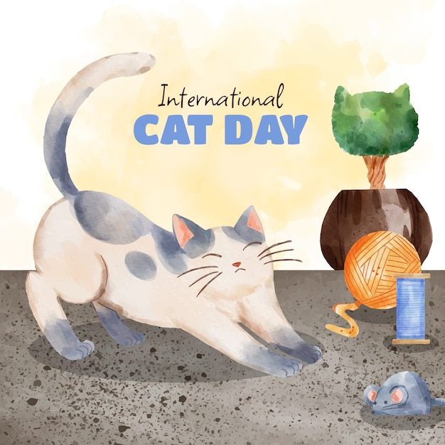 Aquarel internationale kattendag illustratie met kat en speelgoed