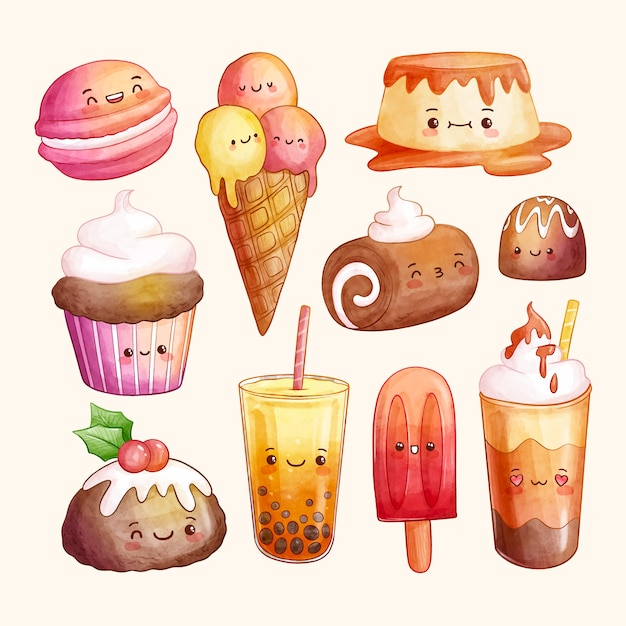 Gratis vector aquarel kawaii dessertset