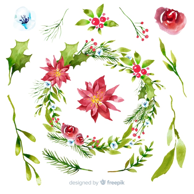 Gratis vector aquarel kerst bloem & krans collectie