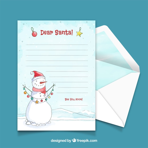 Aquarel kerst brief met een sneeuwpop