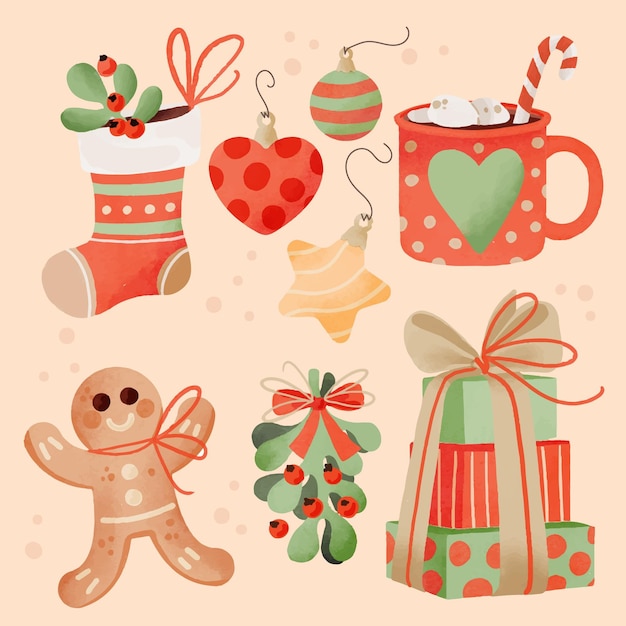 Gratis vector aquarel kerst elementen collectie