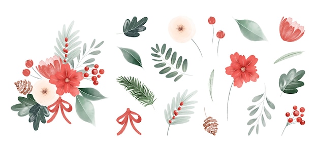 Aquarel kerstbladeren en bloemen collectie