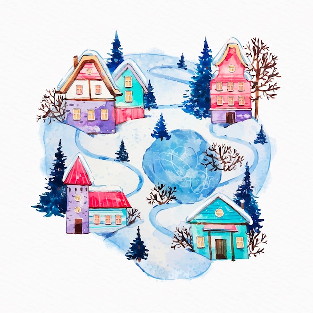 Aquarel kerstdorp illustratie