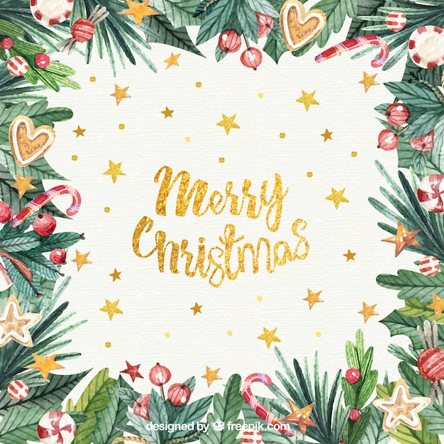 Gratis vector aquarel kerstmis achtergrond met gouden letters