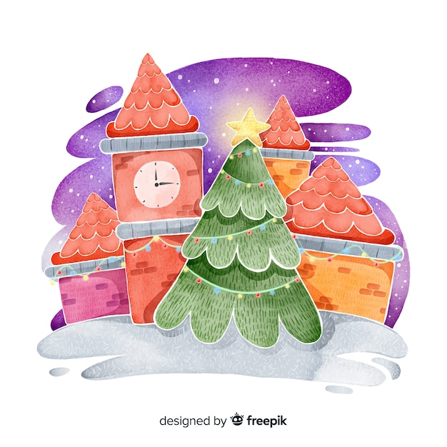 Aquarel kerststad met boom