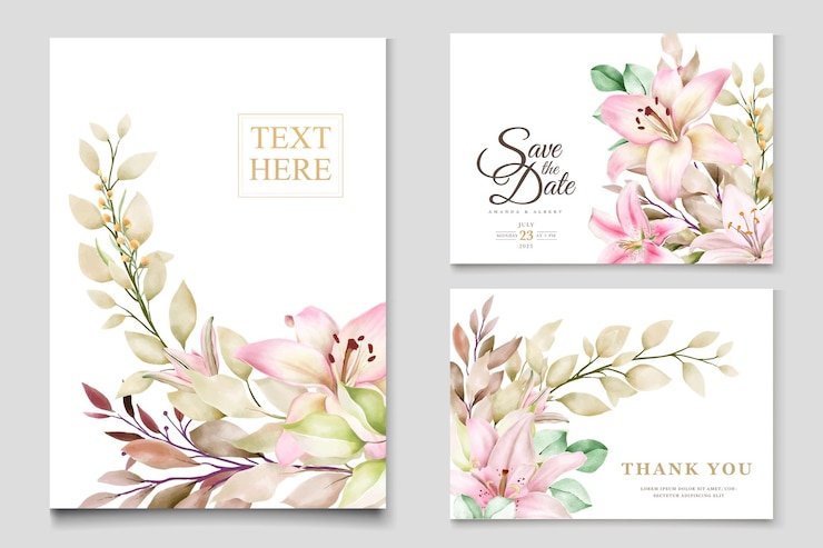 Gratis Vector aquarel lelie bloem uitnodigingskaarten set