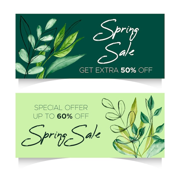 Gratis vector aquarel lente verkoop horizontale banners met kortingen