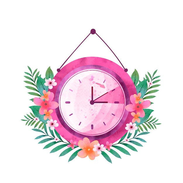 Aquarel lente vooruit bloemen illustratie met klok