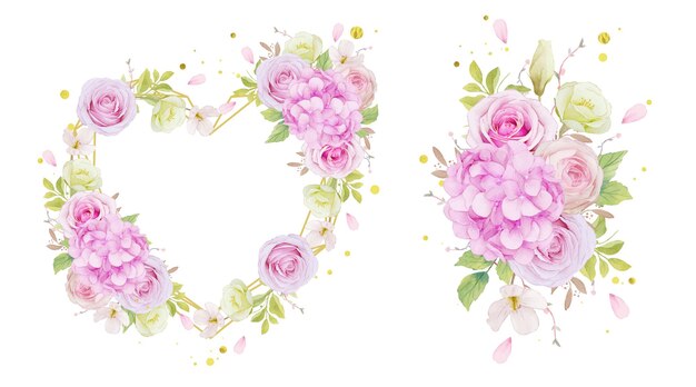 Aquarel liefdesframe en boeket van roze rozen en hortensia bloem
