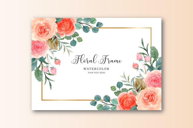 Gratis Vector aquarel oranje roze roos met gouden frame