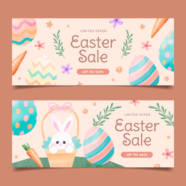 Gratis vector aquarel pasen verkoop horizontale banners set