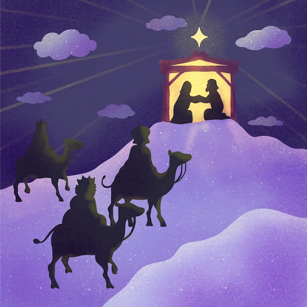 Gratis vector aquarel reyes magos arriveert bij de kerststal