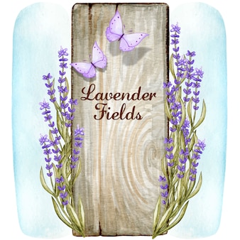 Aquarel romantische houten bord met lavendel en vlinders