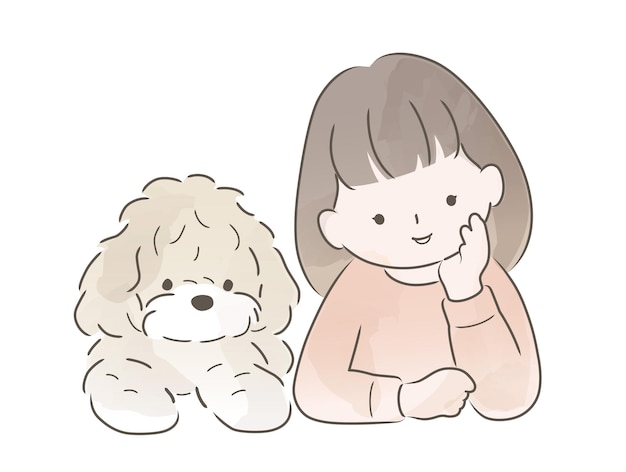 Aquarel schattig meisje met haar hond geïsoleerd op een witte achtergrond Vector naïeve illustratie