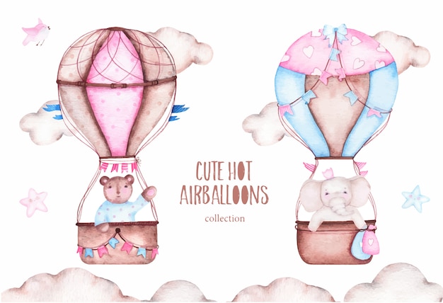 Aquarel schattige luchtballonnen met beer olifant