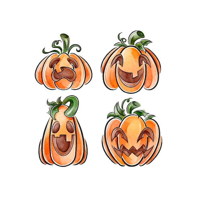 Gratis vector aquarel stijl halloween pompoen pack