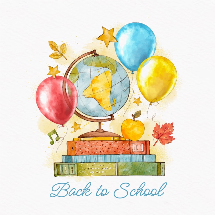 Gratis Vector aquarel terug naar schoolfeest illustratie met ballonnen en globe