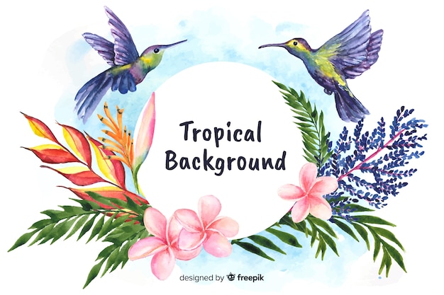 Gratis vector aquarel tropische planten en vogels achtergrond