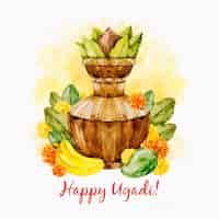 Gratis vector aquarel ugadi vaas met bladeren en fruit