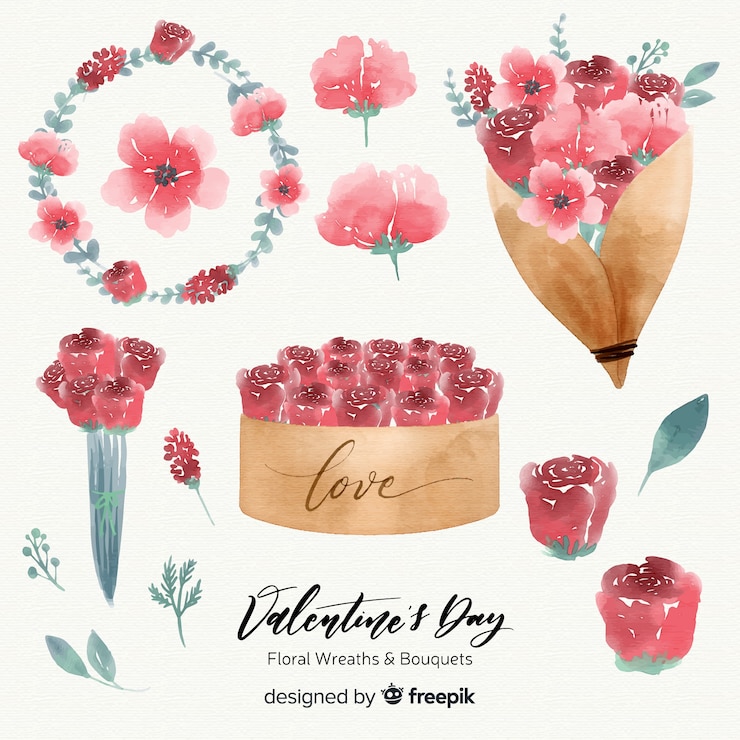 Gratis Vector aquarel valentijnsdag bloemenkransen &amp; boeketten