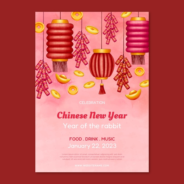 Gratis vector aquarel verticale flyer-sjabloon voor de viering van het chinese nieuwjaar