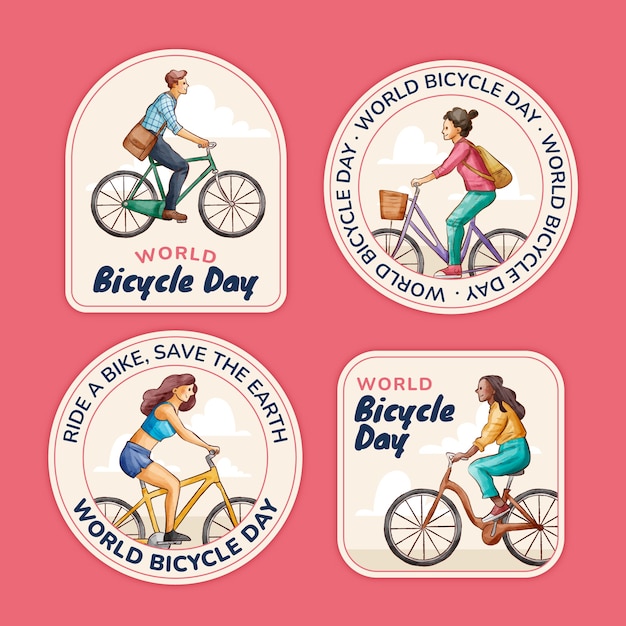 Gratis vector aquarel wereld fietsdag labels collectie