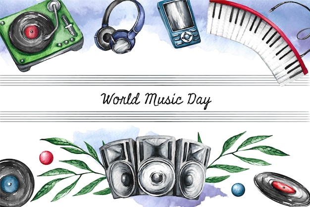 Aquarel wereldmuziek dag achtergrond met instrumenten
