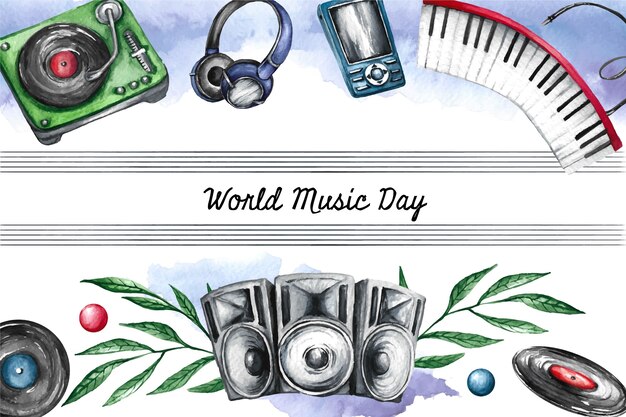 Aquarel wereldmuziek dag achtergrond met instrumenten
