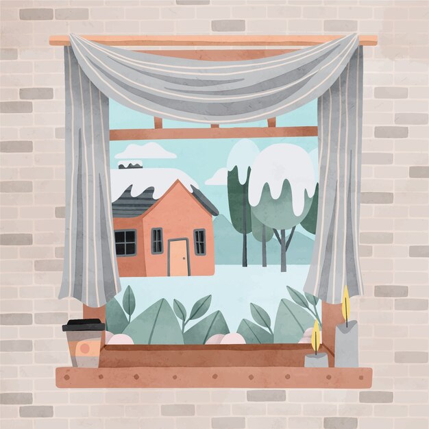 Aquarel winter raam illustratie